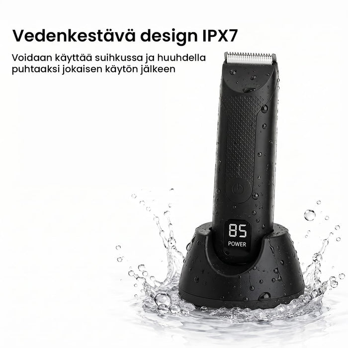 Musta, vedenpitävä vartalokarvatrimmeri, jossa on keraaminen terä ja latausalusta, roiskuvan veden ympäröimänä.