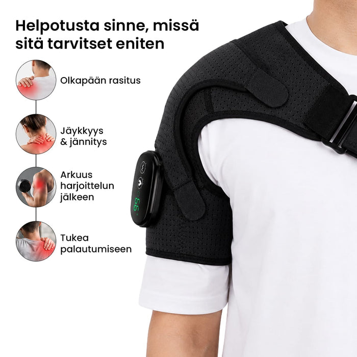 Henkilö käyttää mustaa lämpö- ja hierovaa olkatukea, jossa on digitaalinen ohjauspaneeli ja neljä kaaviokuvaa.