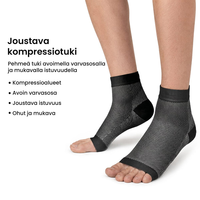 Mustat, avokärkiset 20–30 mmHg:n kompressiosukat, joissa on valkoinen pilvikuvio.