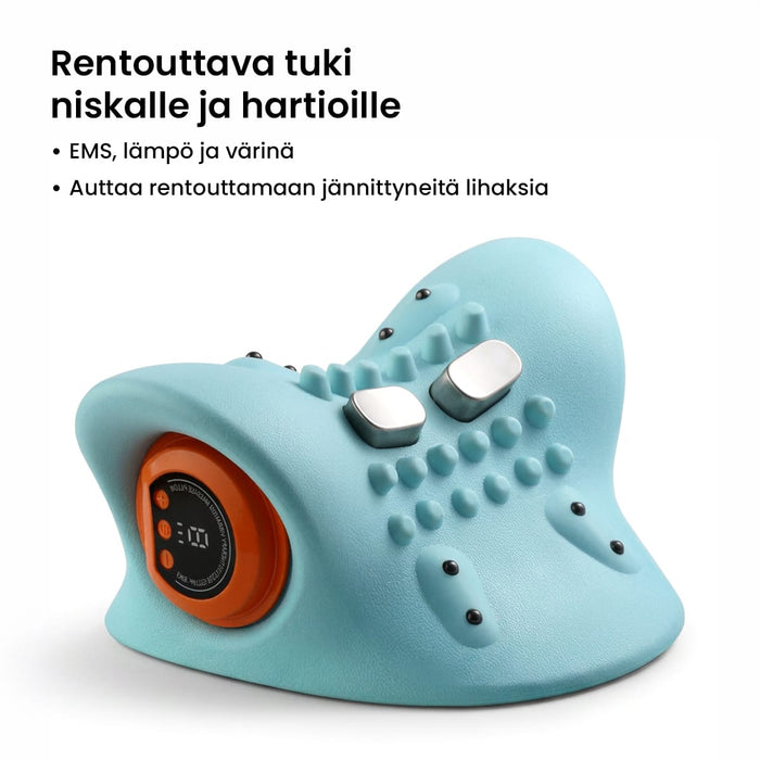 Vaaleansininen vartalokäyttöinen niskahierontalaite, jossa on kaksi metallista kosketuspintaa ja pyöreä digitaalinäyttö.