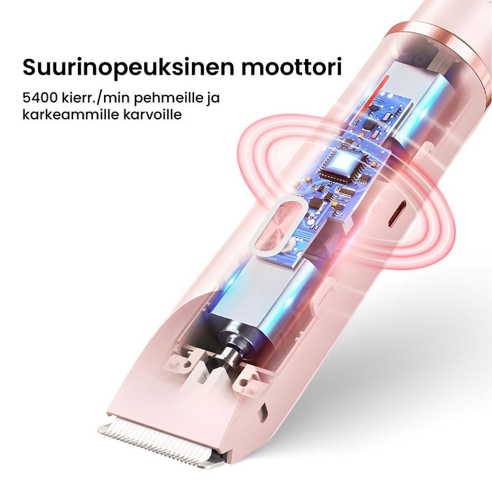 Ruusukultainen Ultra-vartalotrimmeri, jossa näkyy moottori ja piirilevy sekä punaiset ääniaaltokuvakkeet.