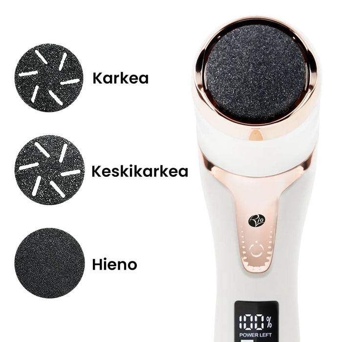 Sähköinen jalkaraspi, jossa on imutoiminto, kolme vaihtopäätä ja digitaalinen akun varaustason näyttö.