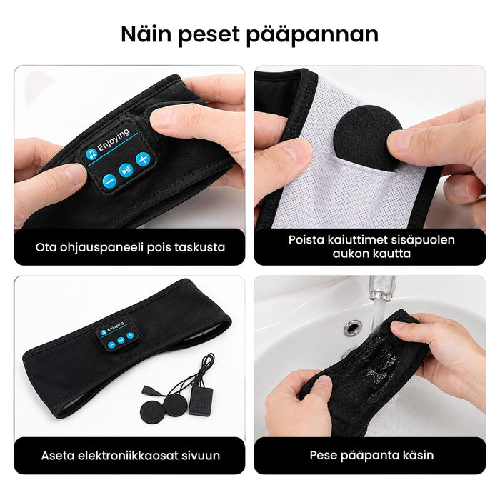 Seitsemänosainen kuvasarja, jossa esitellään Bluetooth-otsapannan irrottaminen ennen käsinpesua.