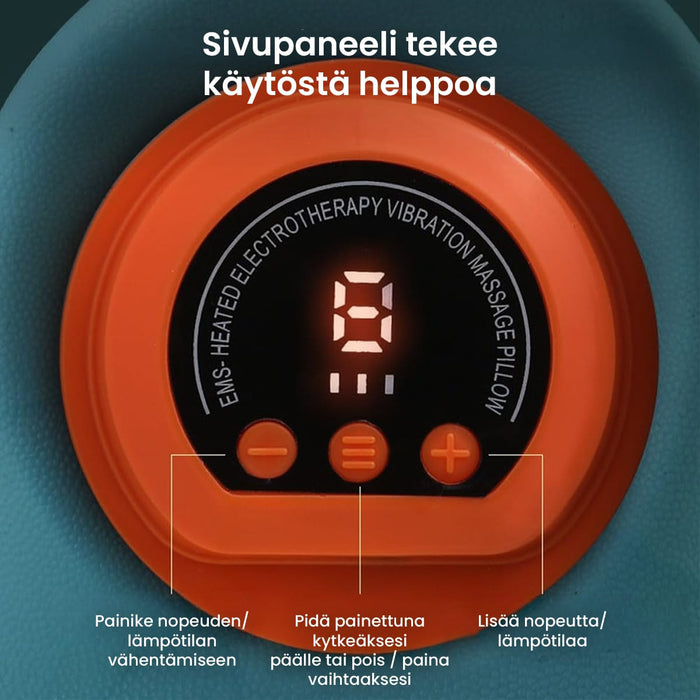 Vartalokauppa-niskahierontalaitteen pyöreä ohjauspaneeli, jossa on digitaalinen näyttö ja suomenkieliset painikkeet.