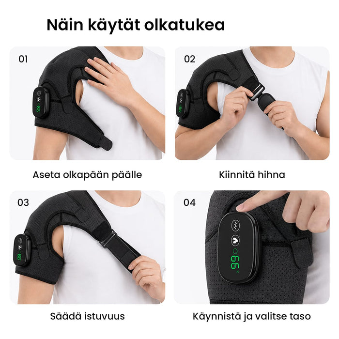 Nelivaiheinen ohje Vartalokauppa-olkatuen lämpö- ja hierontatoimintojen digitaalisen ohjauspaneelin käyttöön.