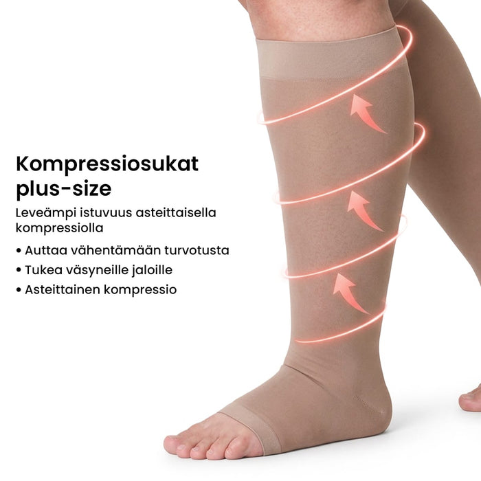 Vaaleanbeige, avokärkiset kompressiosukat sääriin (plus-koko); sääressä oleva hohtava spiraali havainnollistaa asteittaista kompressiota.