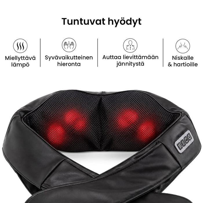 Shiatsu-hierontalaite niska- ja selkähierontaan. Laitteessa on lämmitystoiminto, valaistut hierontapäät ja ohjauspaneeli.
